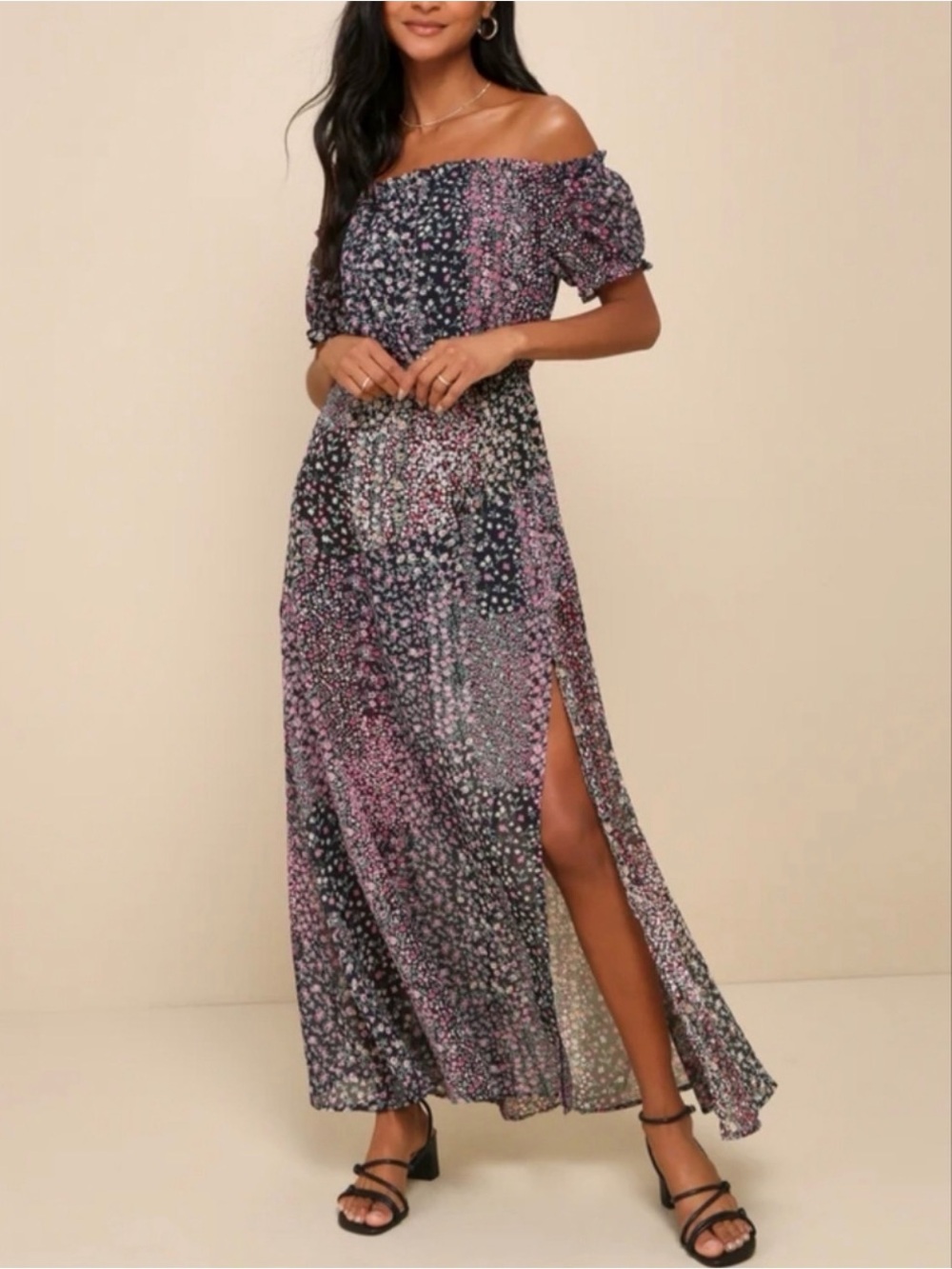 Lulus Neva Navy Blue Floral Print Off-Shoulder Maxi Dress Womens - Size XS
